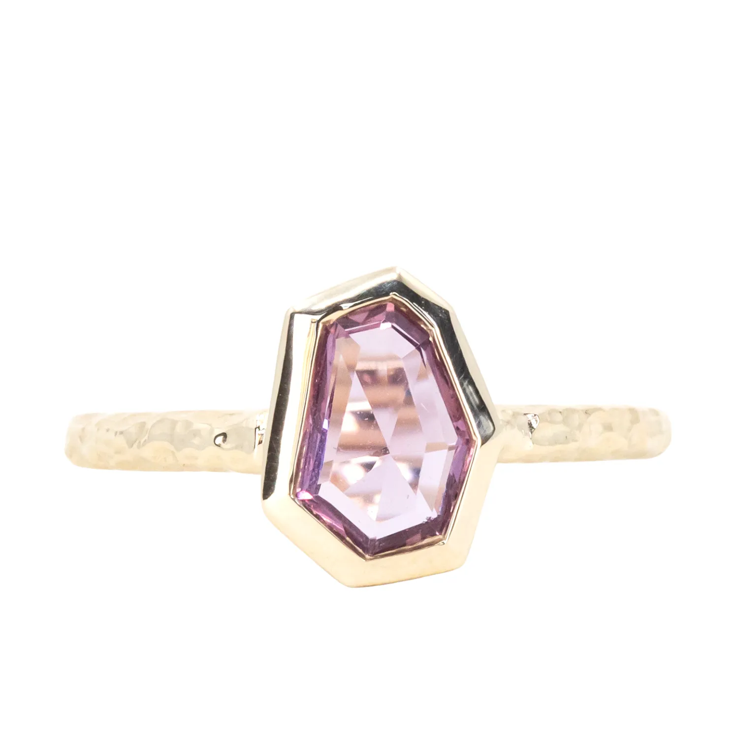 0.92ct Pink Geo Slice Sapphire Evergreen Low Profile Bezel Solitaire Ring in 14k Yellow Gold