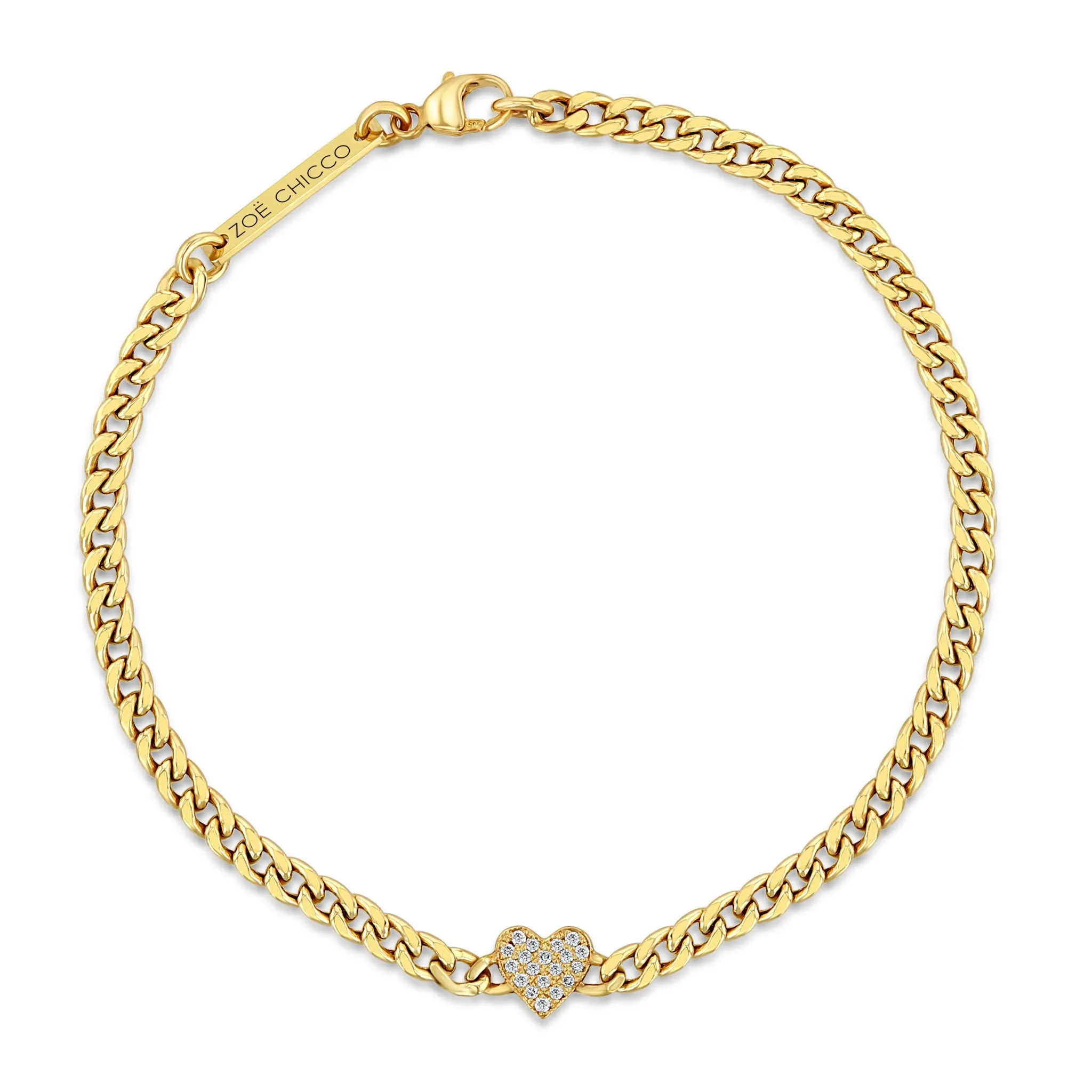 14k Midi Bitty Pavé Diamond Heart Small Curb Chain Bracelet