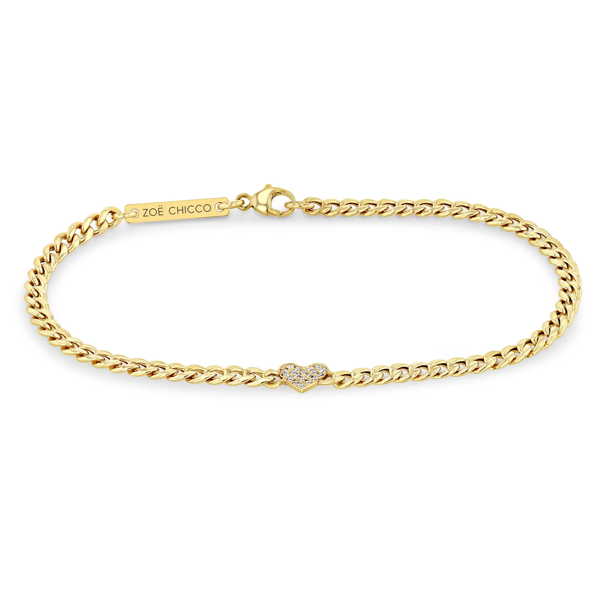 14k Midi Bitty Pavé Diamond Heart Small Curb Chain Bracelet