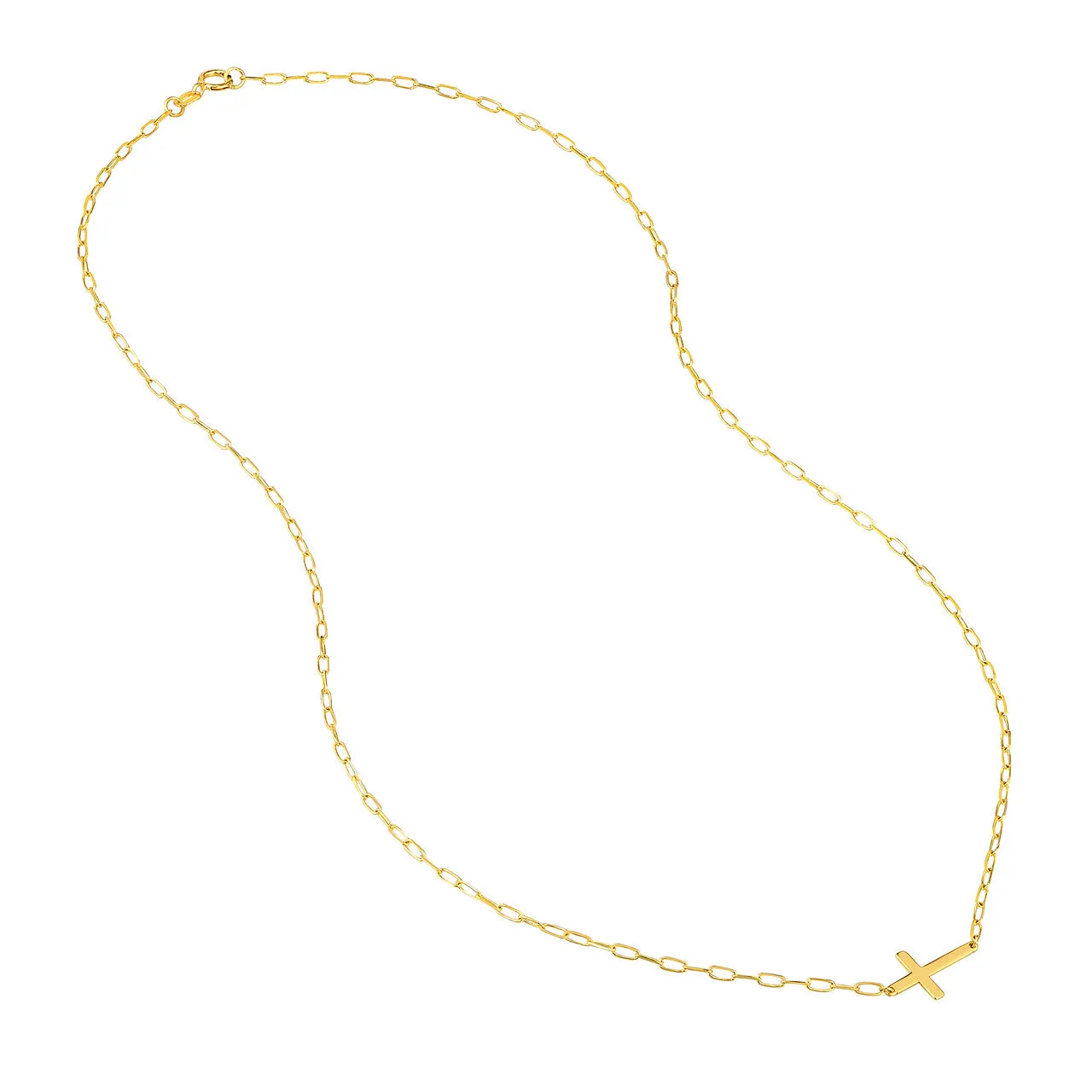 14K Yellow Gold Sideways Cross Paperclip Chain Pendant Necklace