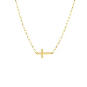 14K Yellow Gold Sideways Cross Paperclip Chain Pendant Necklace