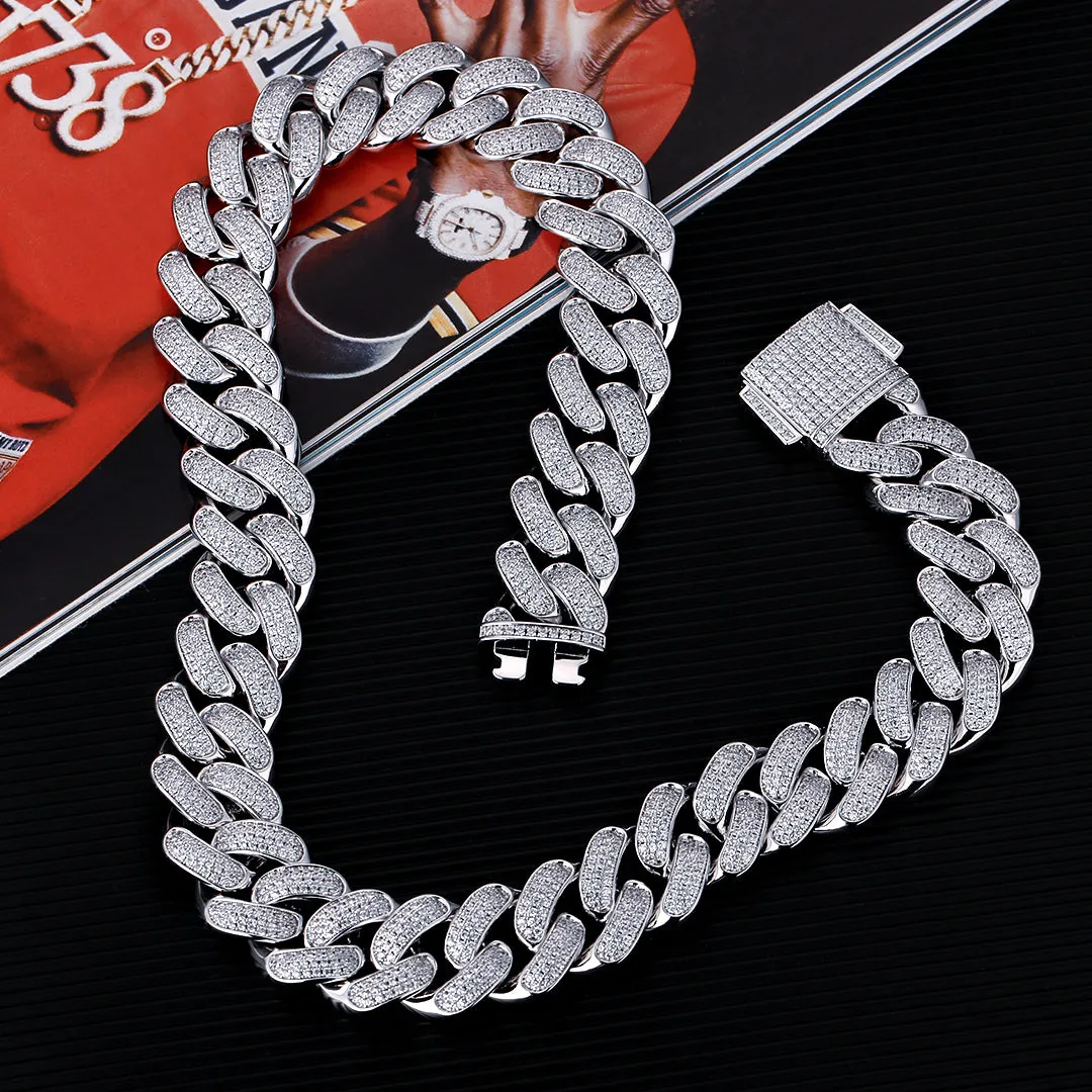 18mm Sterling Silver Iced Out Diamond Cuban Link Chain in White Gold KRKC