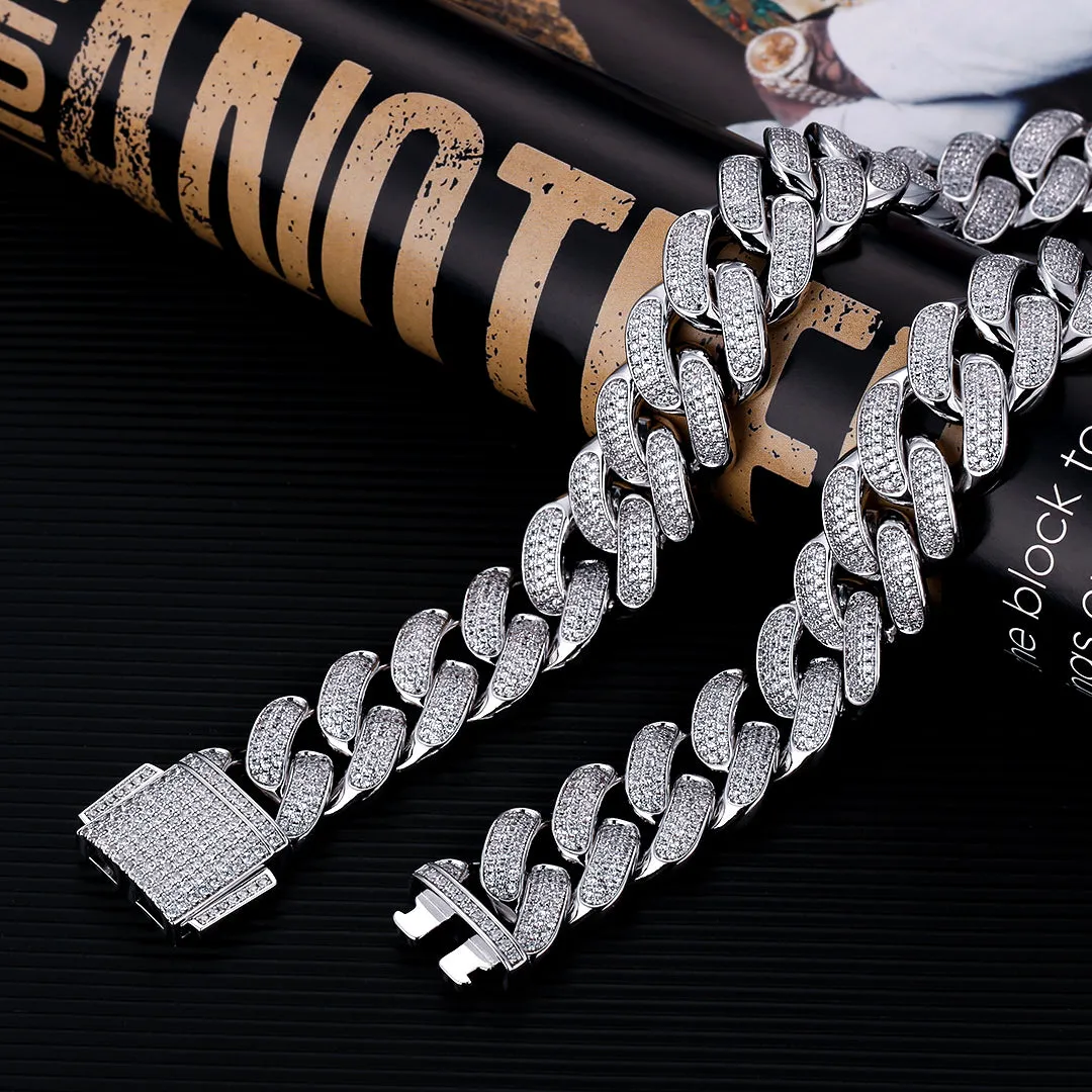 18mm Sterling Silver Iced Out Diamond Cuban Link Chain in White Gold KRKC