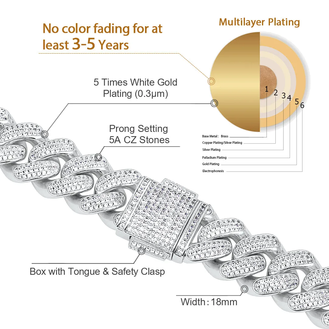 18mm Sterling Silver Iced Out Diamond Cuban Link Chain in White Gold KRKC