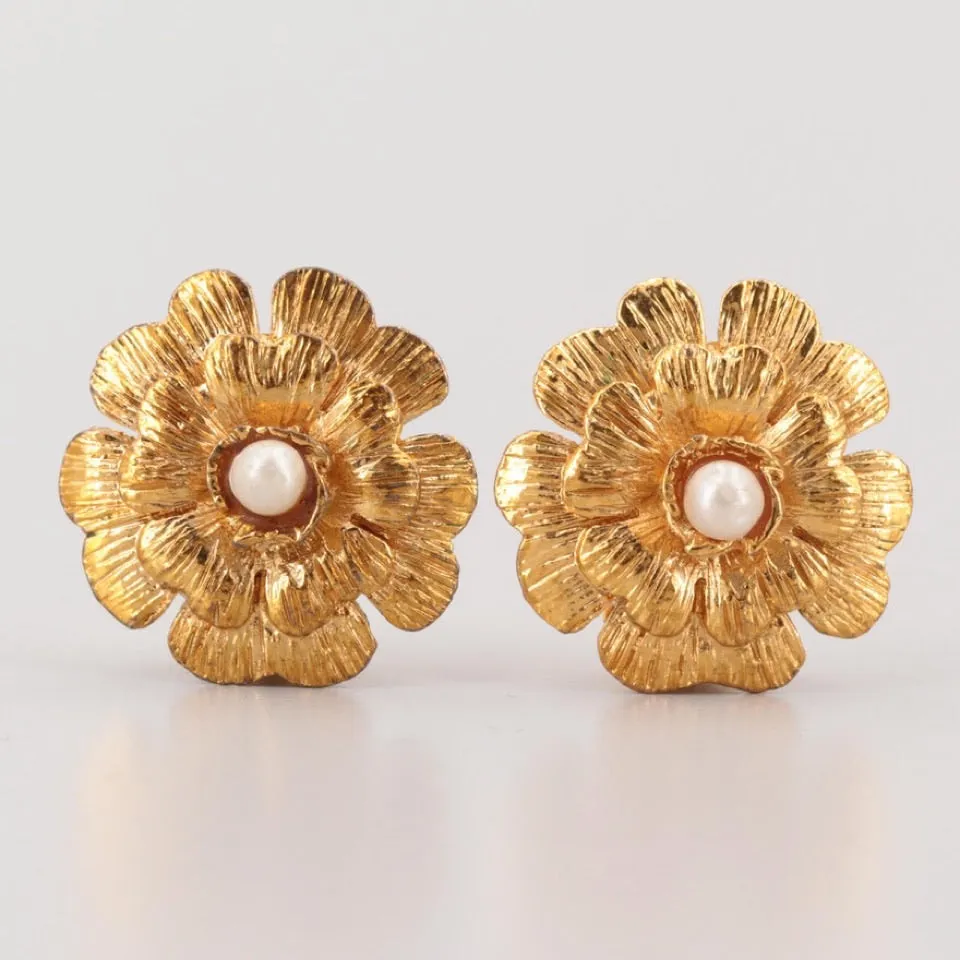 1980’s Collection 23 Vintage Chanel Clip On Gold Pearl Camellia Earrings