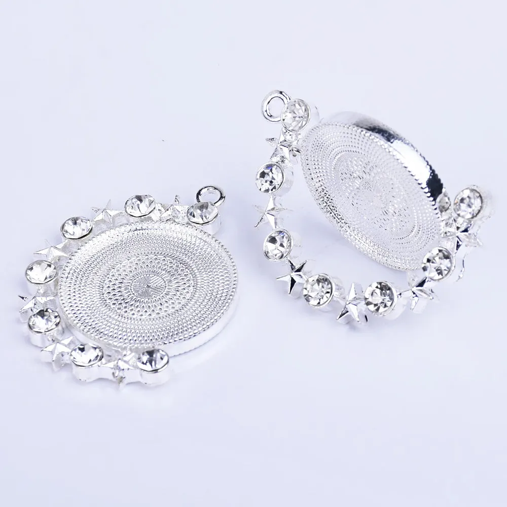 20mm Zinc alloy Round Pendant Tray Double Side Round Pendant Blanks with Rhinestones Blank Settings Wholesale plated silver 10pcs