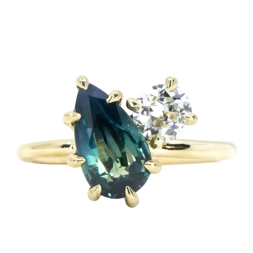 2.47ct Parti Sapphire and 0.49ct Antique Diamond Toi Et Moi Ring in 18k Yellow Gold