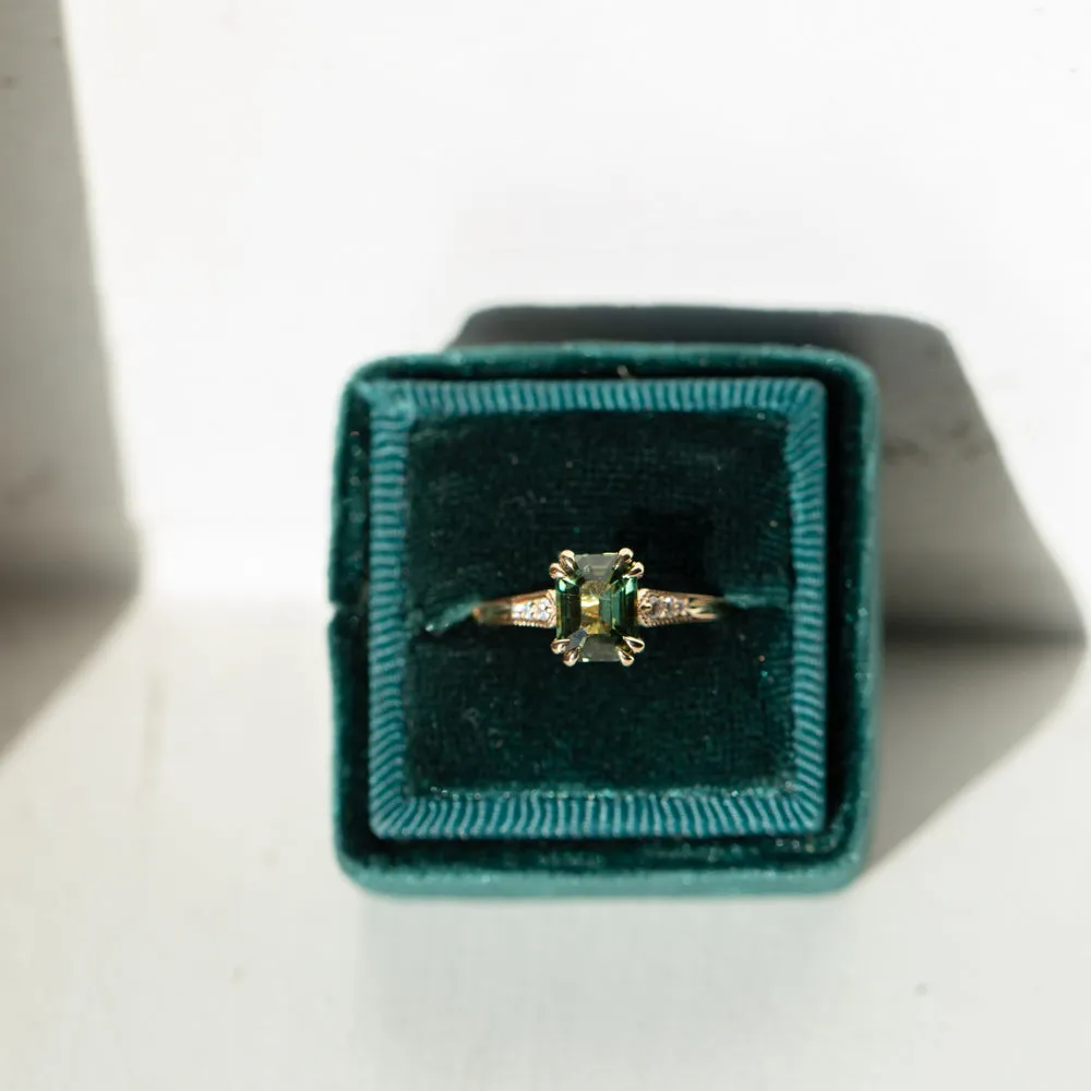 2ct Emerald Cut Green Sapphire and Diamond Vintage Cathedral Double Prong Ring in 18k Yellow Gold