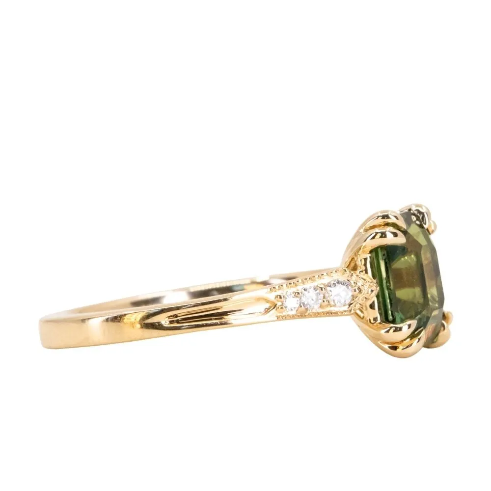 2ct Emerald Cut Green Sapphire and Diamond Vintage Cathedral Double Prong Ring in 18k Yellow Gold