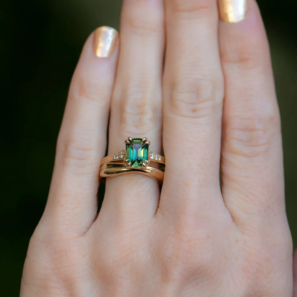 2ct Emerald Cut Green Sapphire and Diamond Vintage Cathedral Double Prong Ring in 18k Yellow Gold