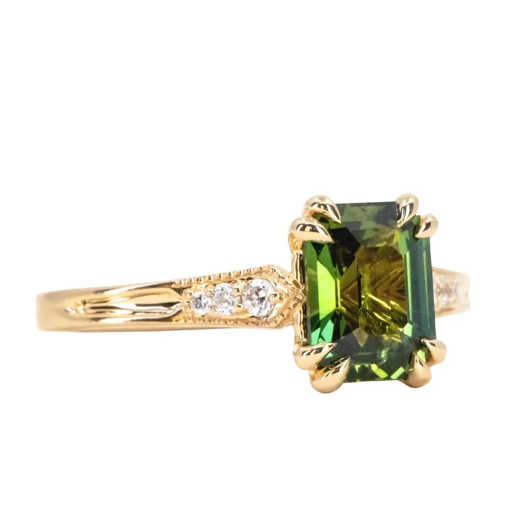 2ct Emerald Cut Green Sapphire and Diamond Vintage Cathedral Double Prong Ring in 18k Yellow Gold