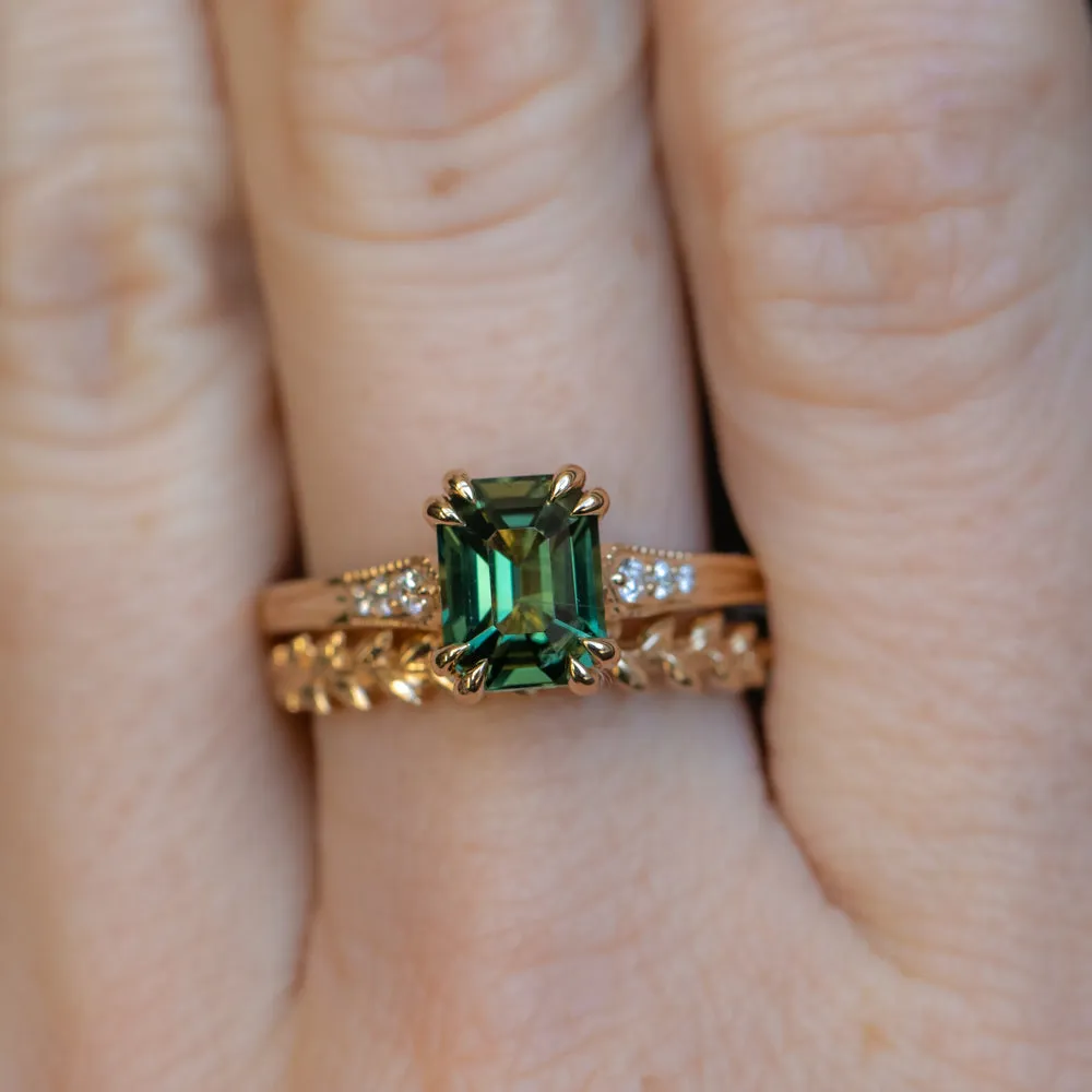 2ct Emerald Cut Green Sapphire and Diamond Vintage Cathedral Double Prong Ring in 18k Yellow Gold