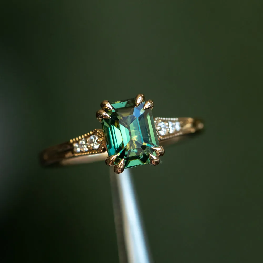 2ct Emerald Cut Green Sapphire and Diamond Vintage Cathedral Double Prong Ring in 18k Yellow Gold