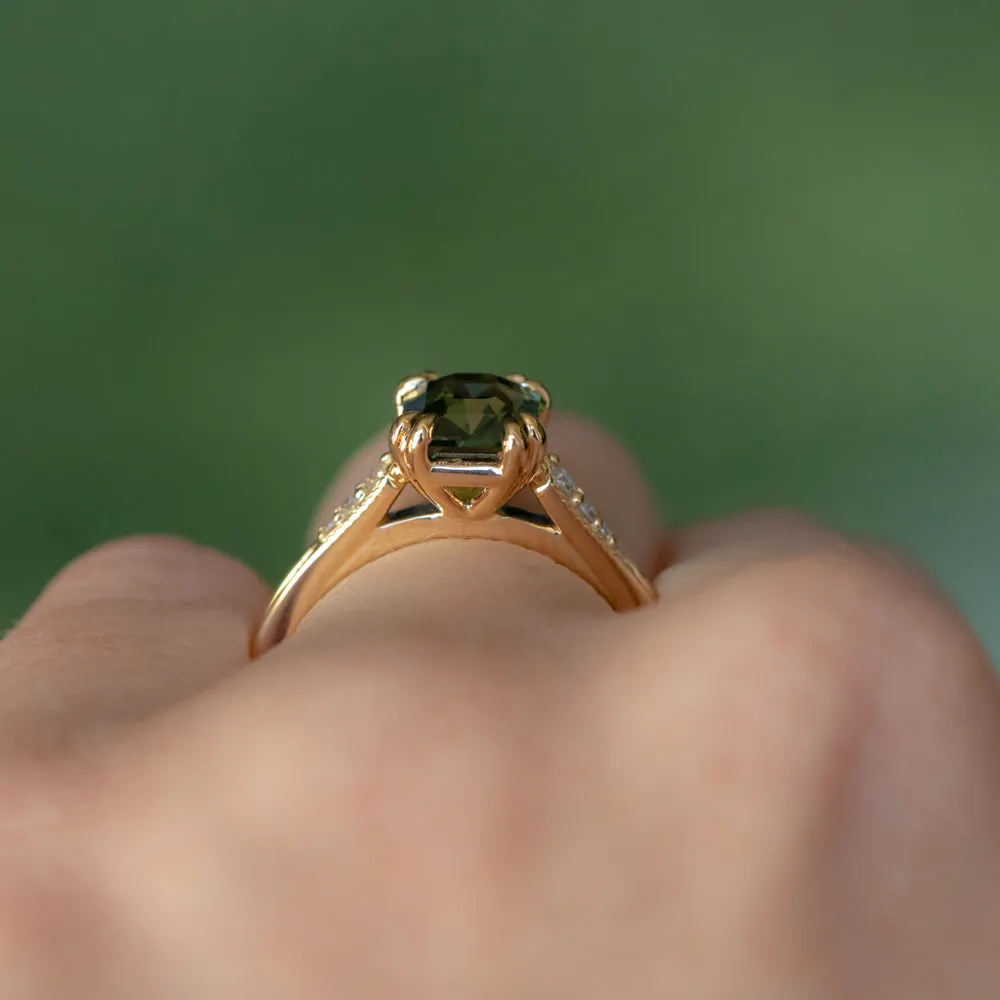 2ct Emerald Cut Green Sapphire and Diamond Vintage Cathedral Double Prong Ring in 18k Yellow Gold