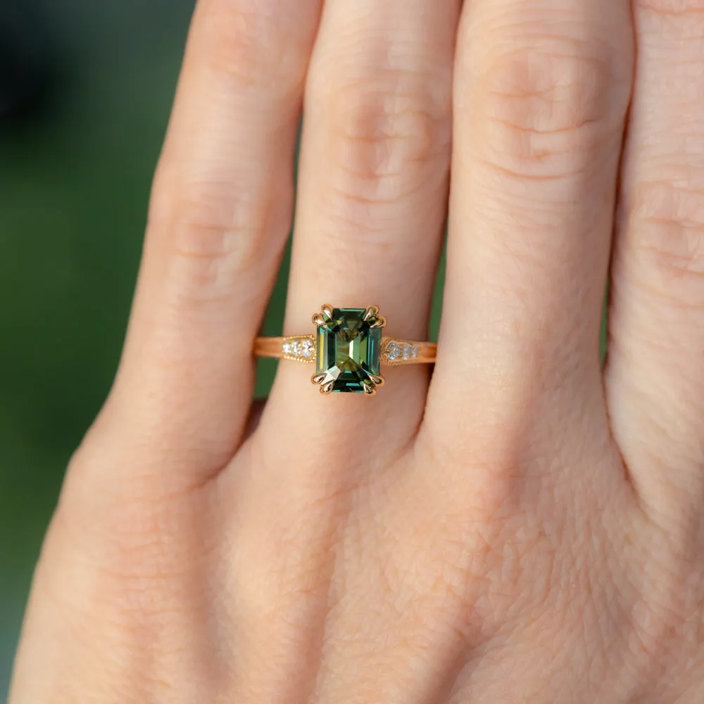 2ct Emerald Cut Green Sapphire and Diamond Vintage Cathedral Double Prong Ring in 18k Yellow Gold