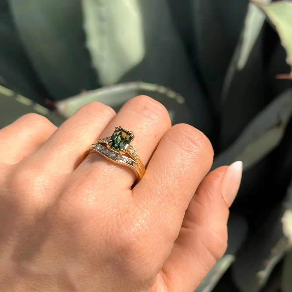 2ct Emerald Cut Green Sapphire and Diamond Vintage Cathedral Double Prong Ring in 18k Yellow Gold