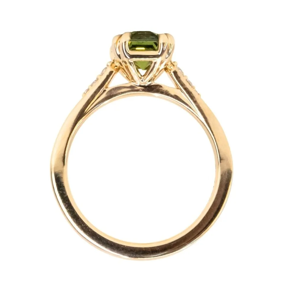 2ct Emerald Cut Green Sapphire and Diamond Vintage Cathedral Double Prong Ring in 18k Yellow Gold