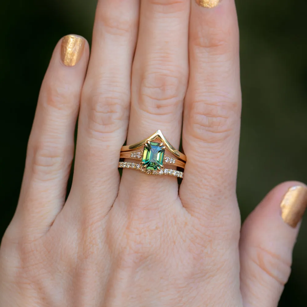 2ct Emerald Cut Green Sapphire and Diamond Vintage Cathedral Double Prong Ring in 18k Yellow Gold