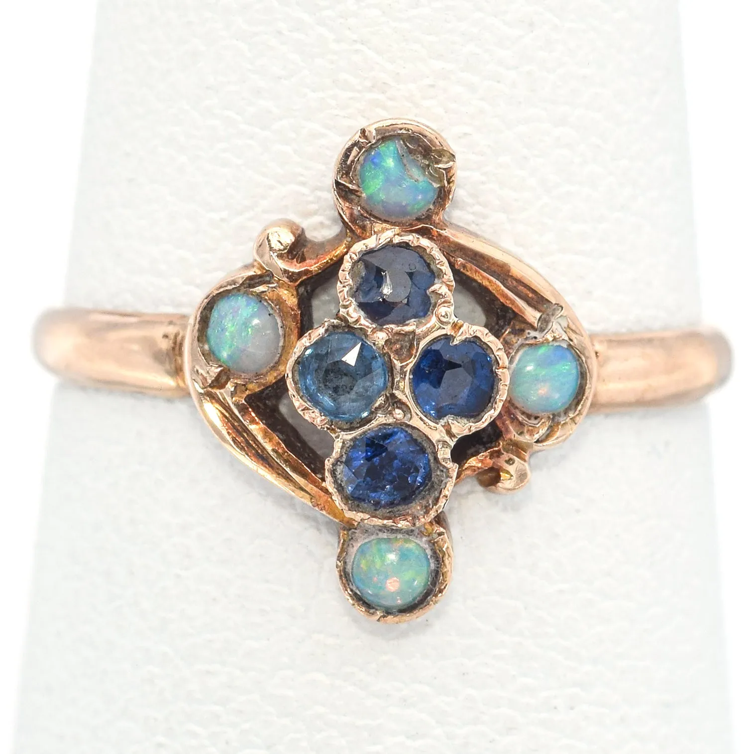 Antique 10K Yellow Gold Opal & Sapphire Band Ring Size 6.5