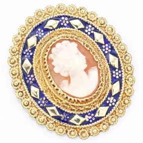 Antique 14K Yellow Gold Cameo & Blue Enamel Oval Brooch Pin