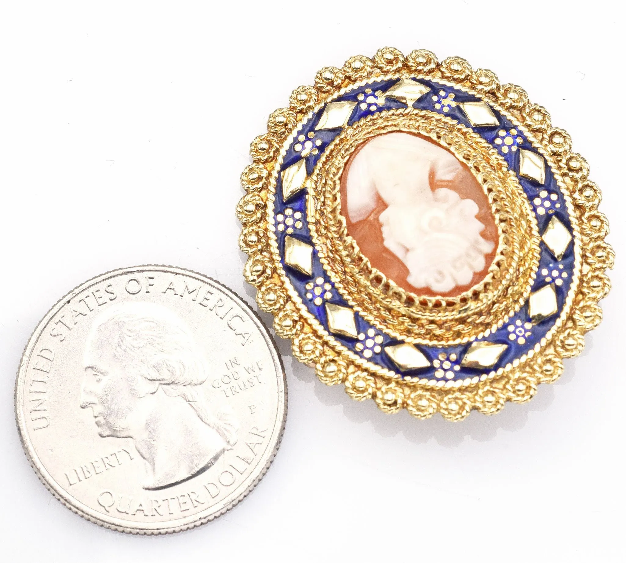 Antique 14K Yellow Gold Cameo & Blue Enamel Oval Brooch Pin