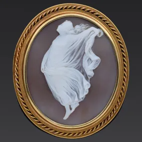 Antique 14K Yellow Gold Cameo Shell Dancing Muse Oval Brooch Pin Pendant