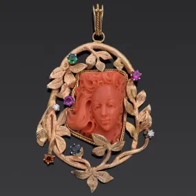 Antique 14K Yellow Gold Red Coral Cameo, Multi-Stone & Diamond Pendant