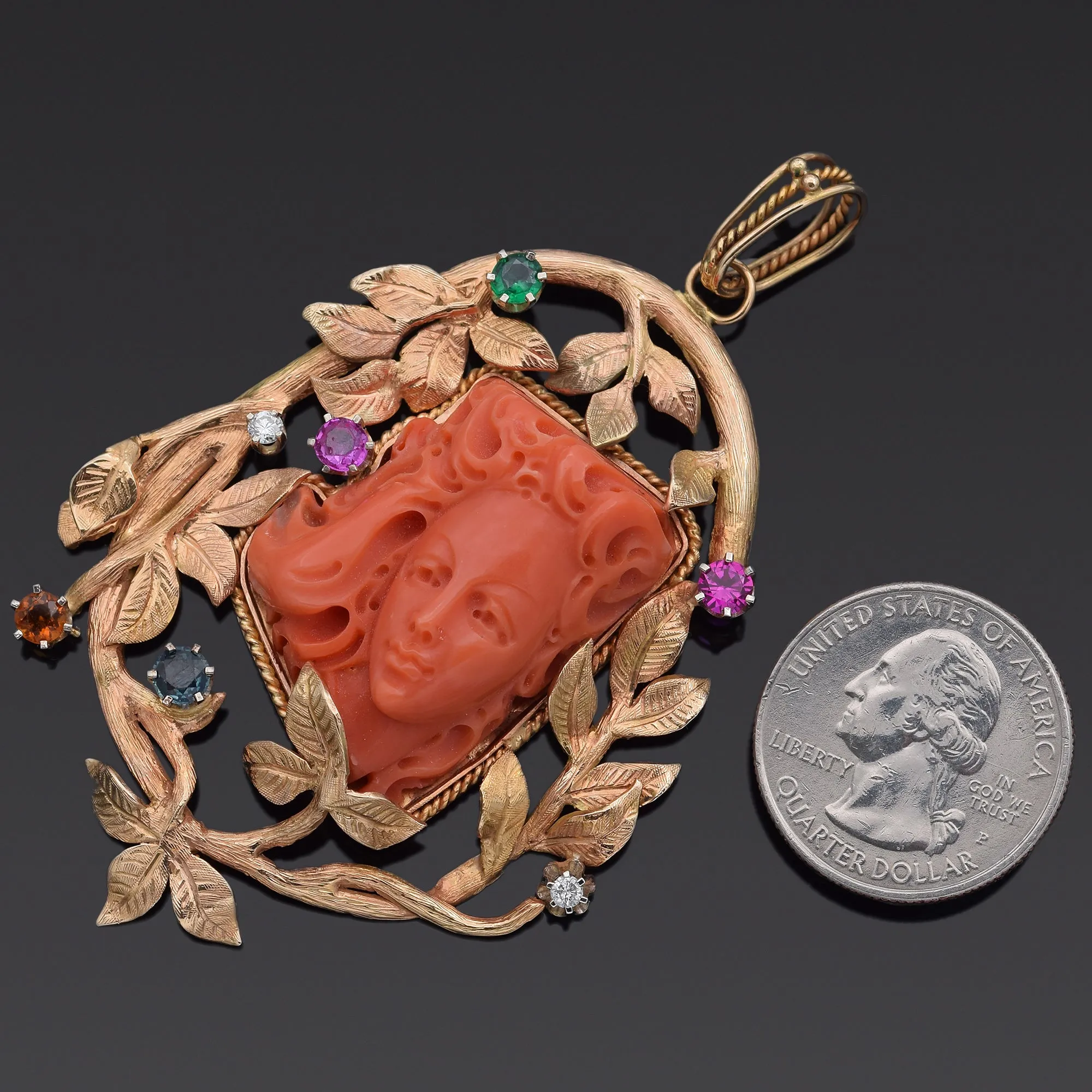 Antique 14K Yellow Gold Red Coral Cameo, Multi-Stone & Diamond Pendant