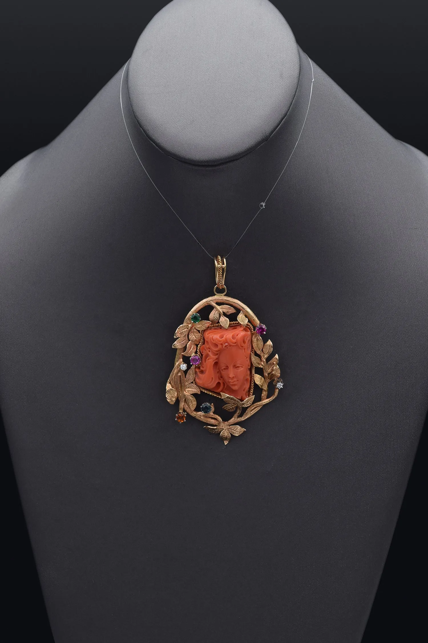 Antique 14K Yellow Gold Red Coral Cameo, Multi-Stone & Diamond Pendant