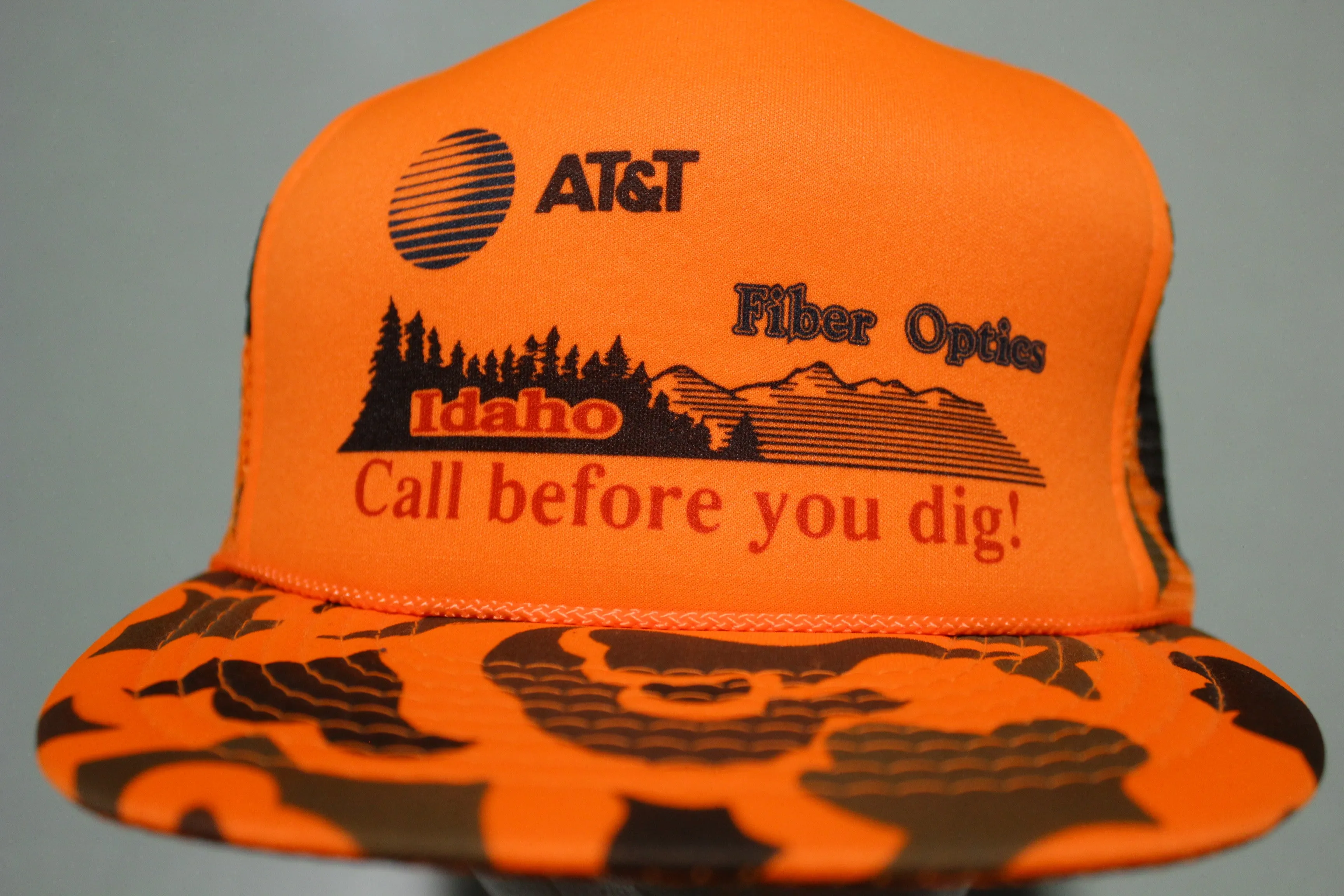 AT&T Orange Camo Call Before You Dig Vintage 80's Adjustable Back Snapback Hat