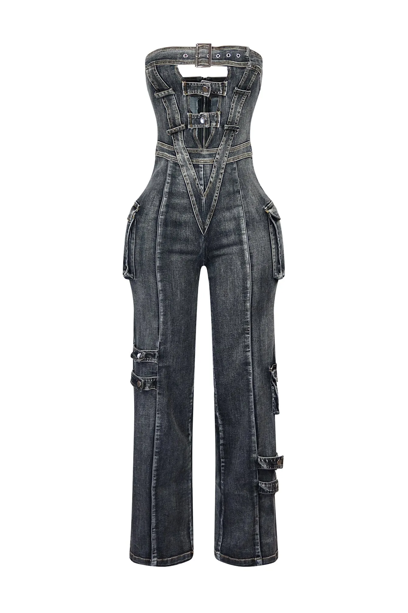 Ayla Washed Denim Cut Out Jumpsuit