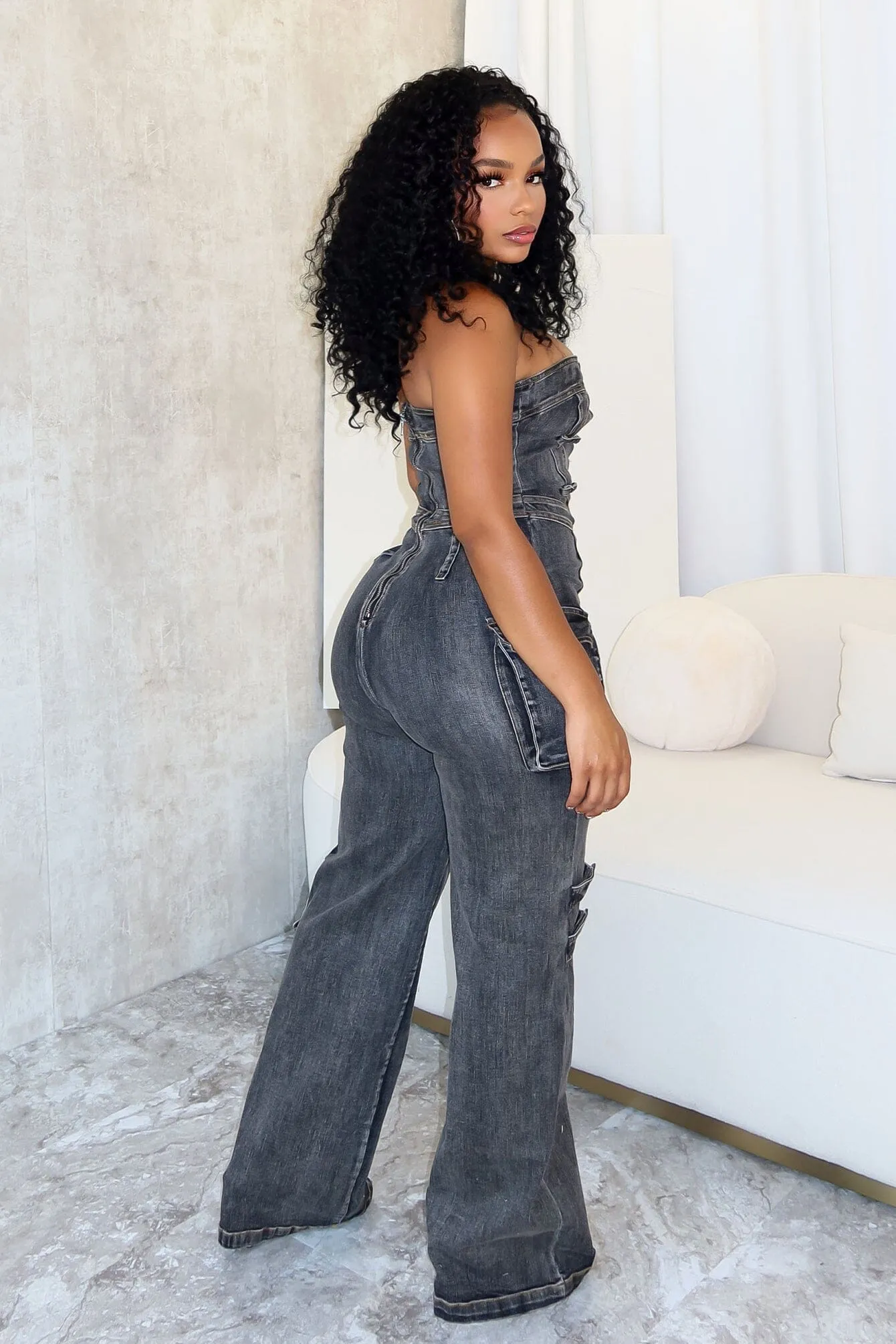 Ayla Washed Denim Cut Out Jumpsuit