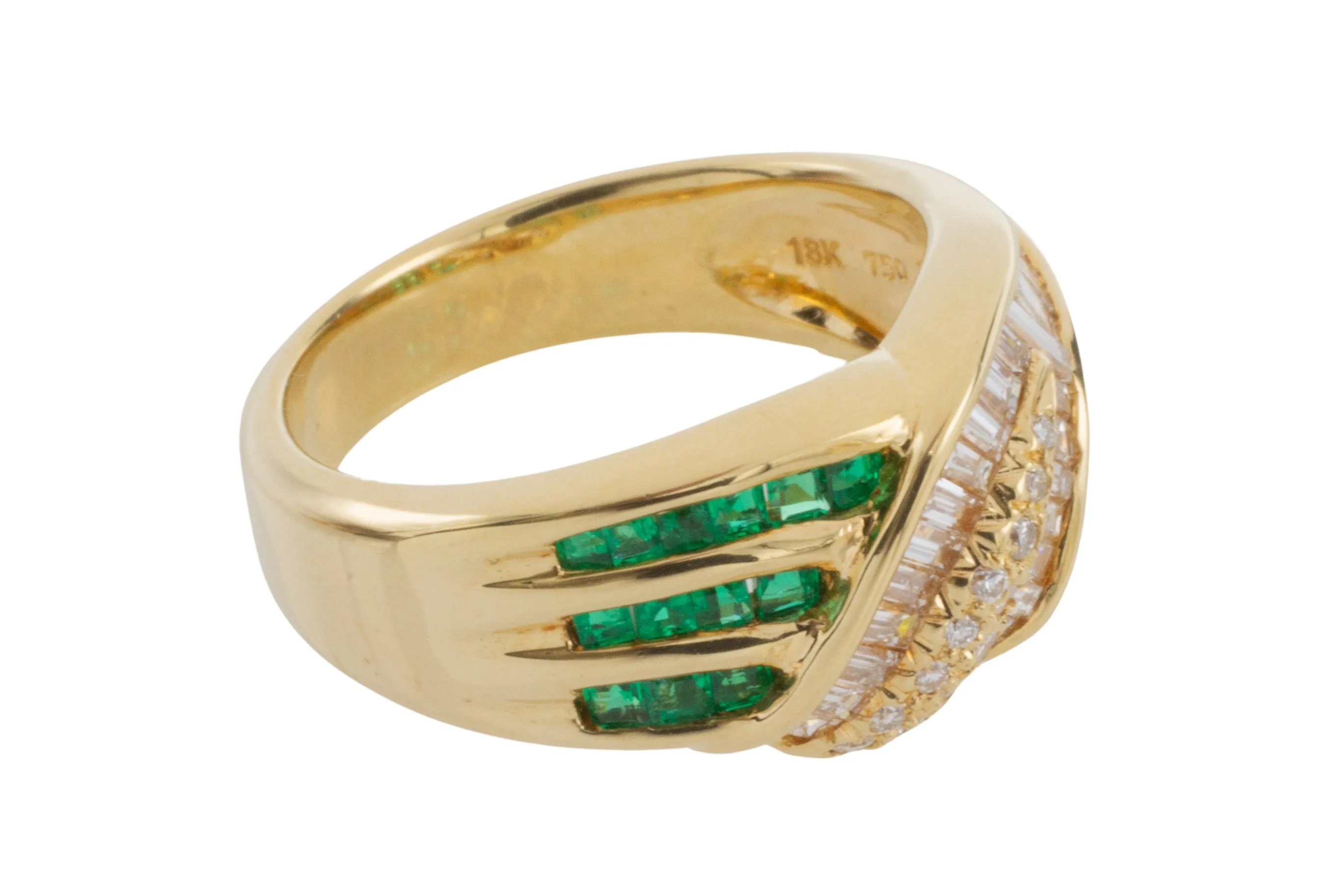 Baguette and brilliant cut diamond ring with emeralds