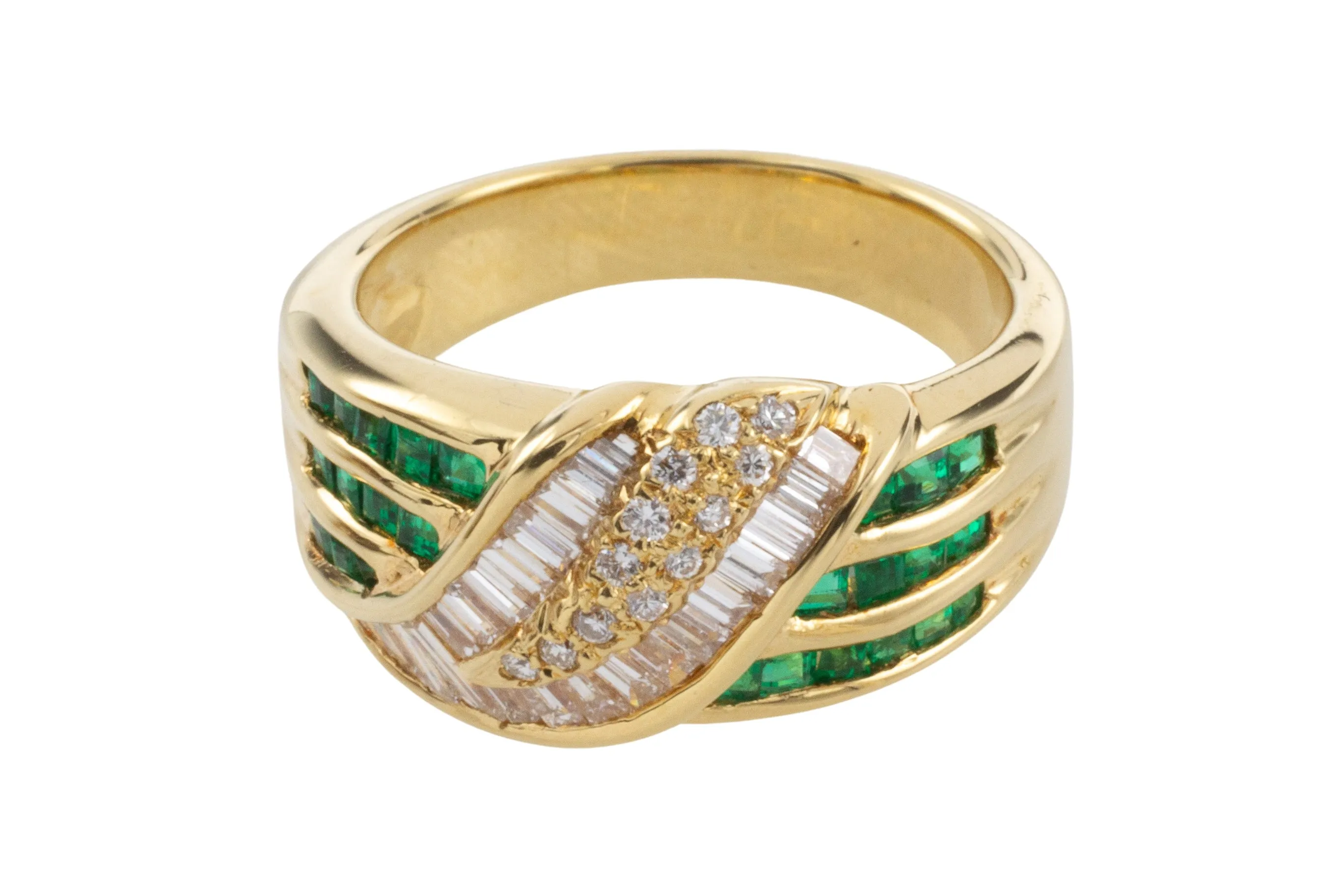 Baguette and brilliant cut diamond ring with emeralds