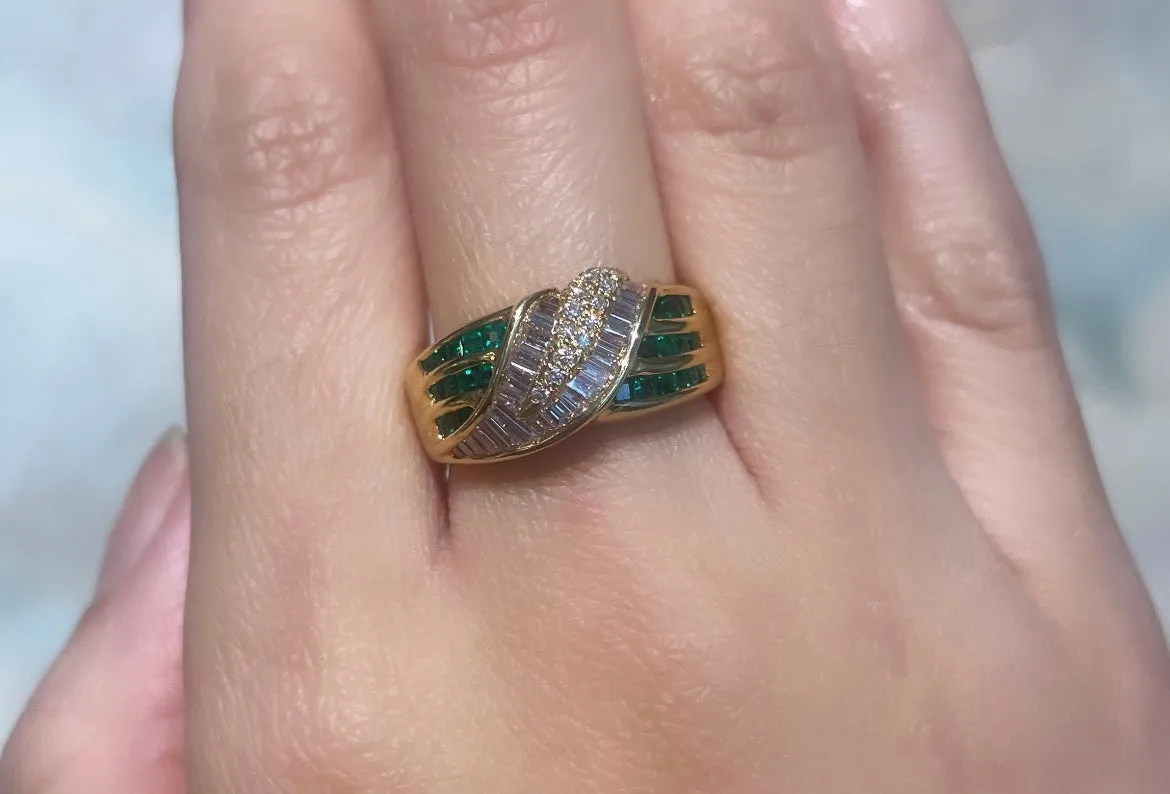 Baguette and brilliant cut diamond ring with emeralds