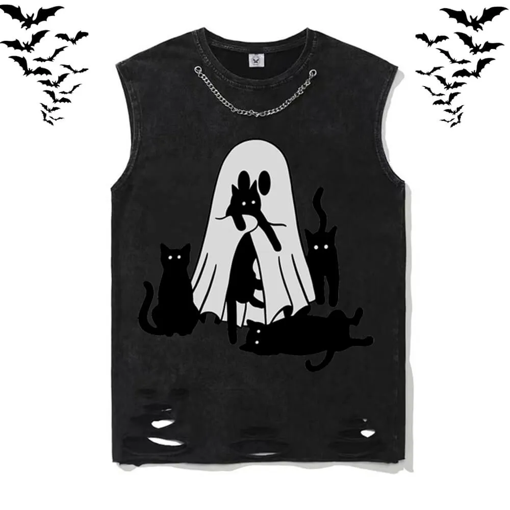 Black Cat Ghouls Vintage Washed Vest Top