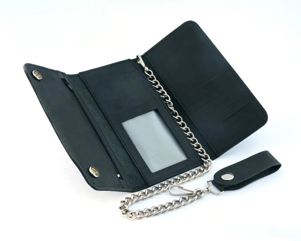 BWC238 Matte Black Biker Leather Wallet with Chain