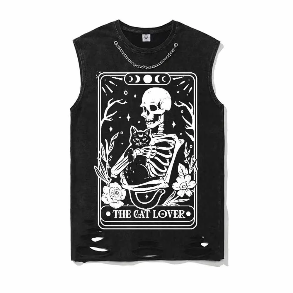 Cat Lover Skeleton Tarot Card Vintage Washed Vest Top