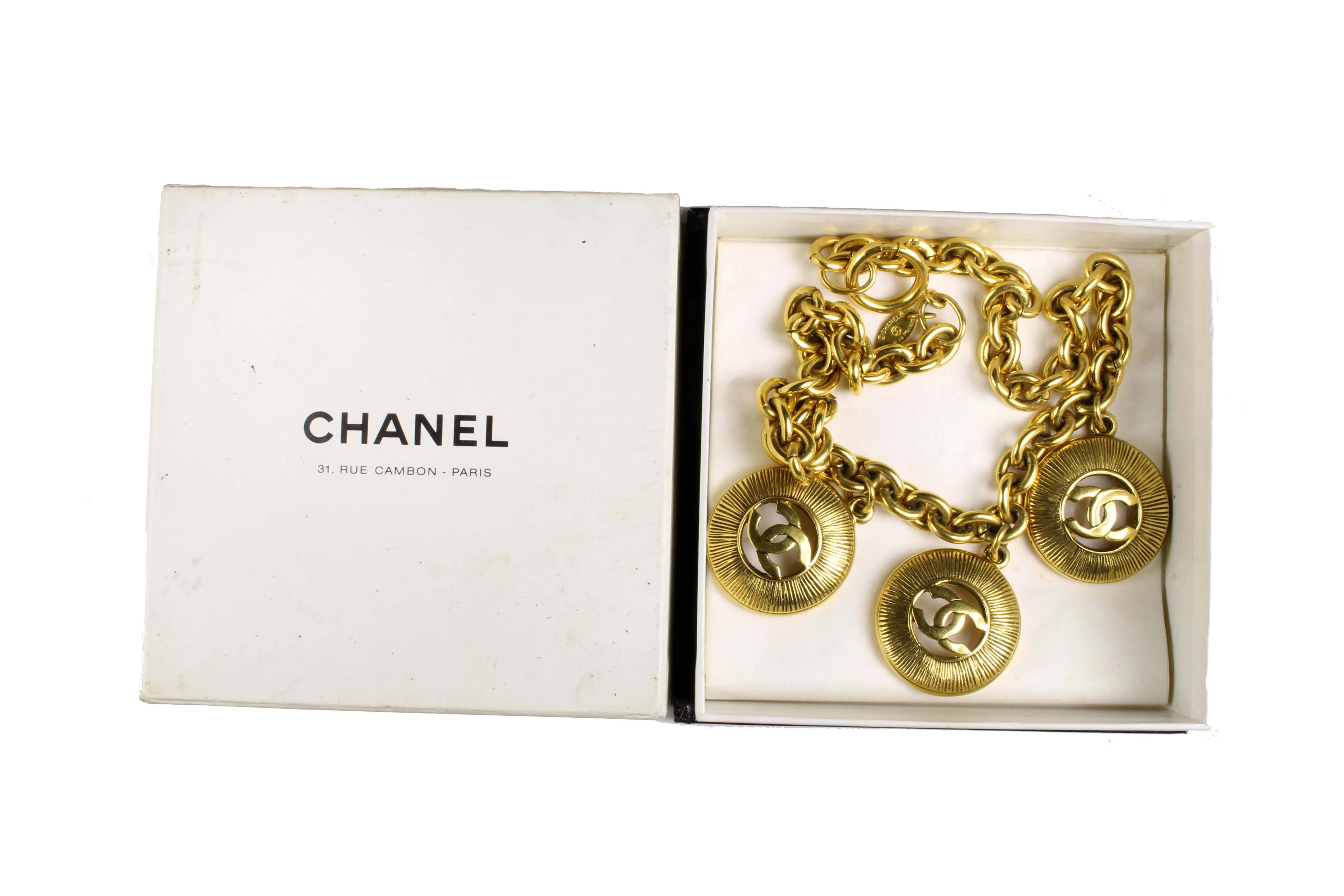 CHANEL Logo medallion charms necklace