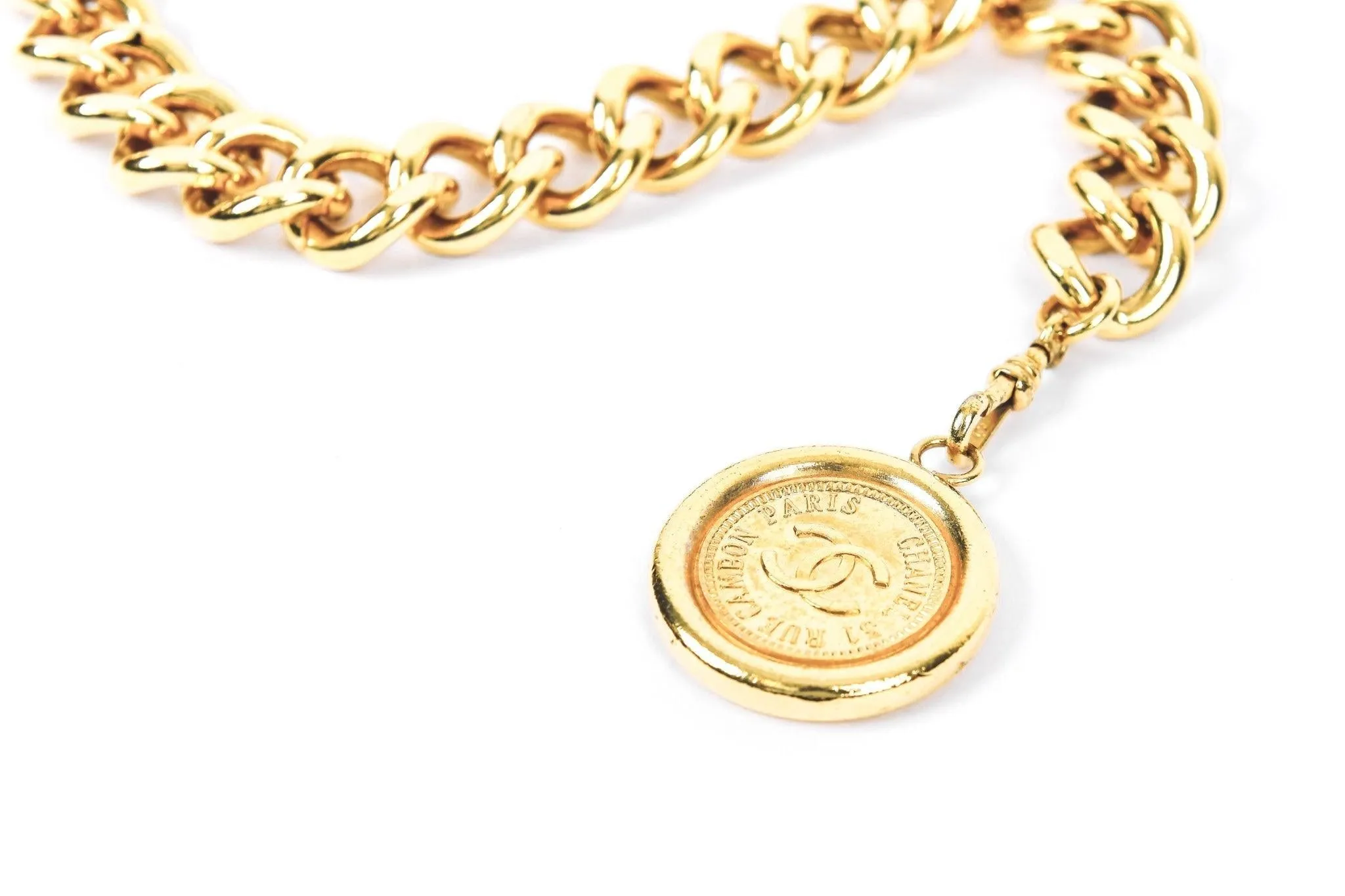 Chanel Vintage Logo Plate Medallion Gold Chain Belt