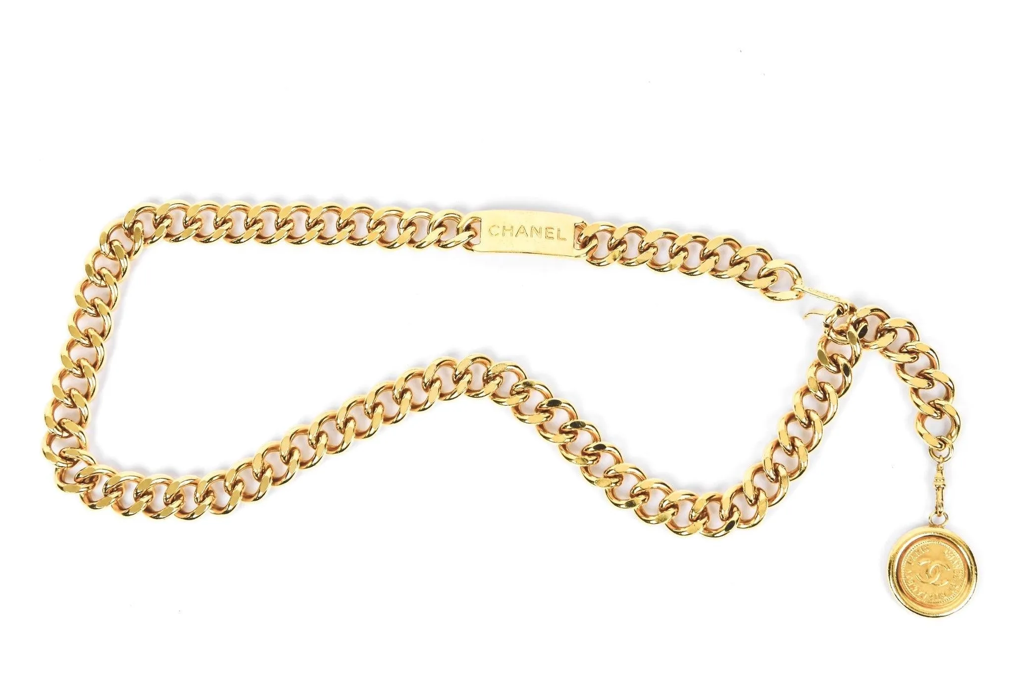 Chanel Vintage Logo Plate Medallion Gold Chain Belt