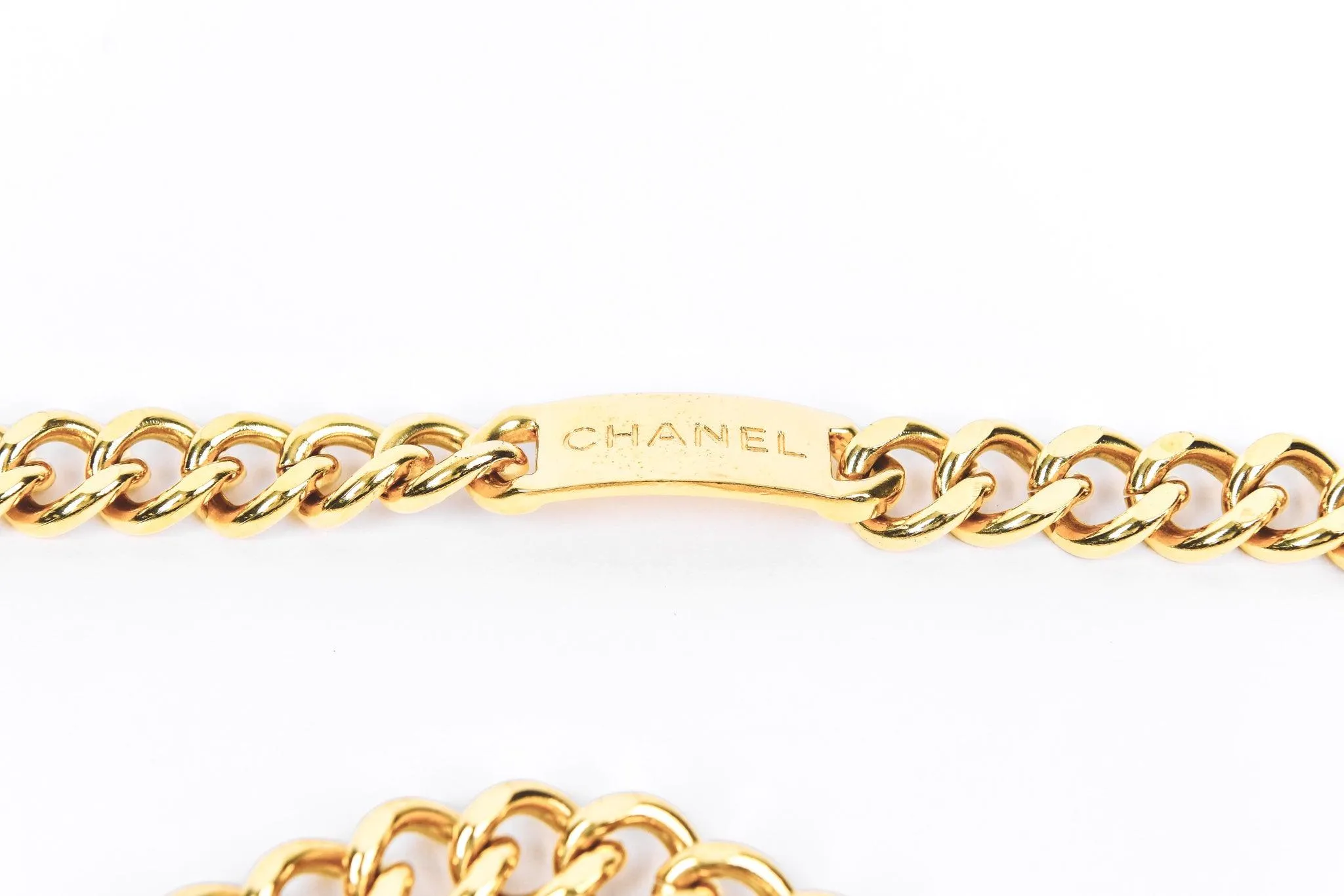 Chanel Vintage Logo Plate Medallion Gold Chain Belt