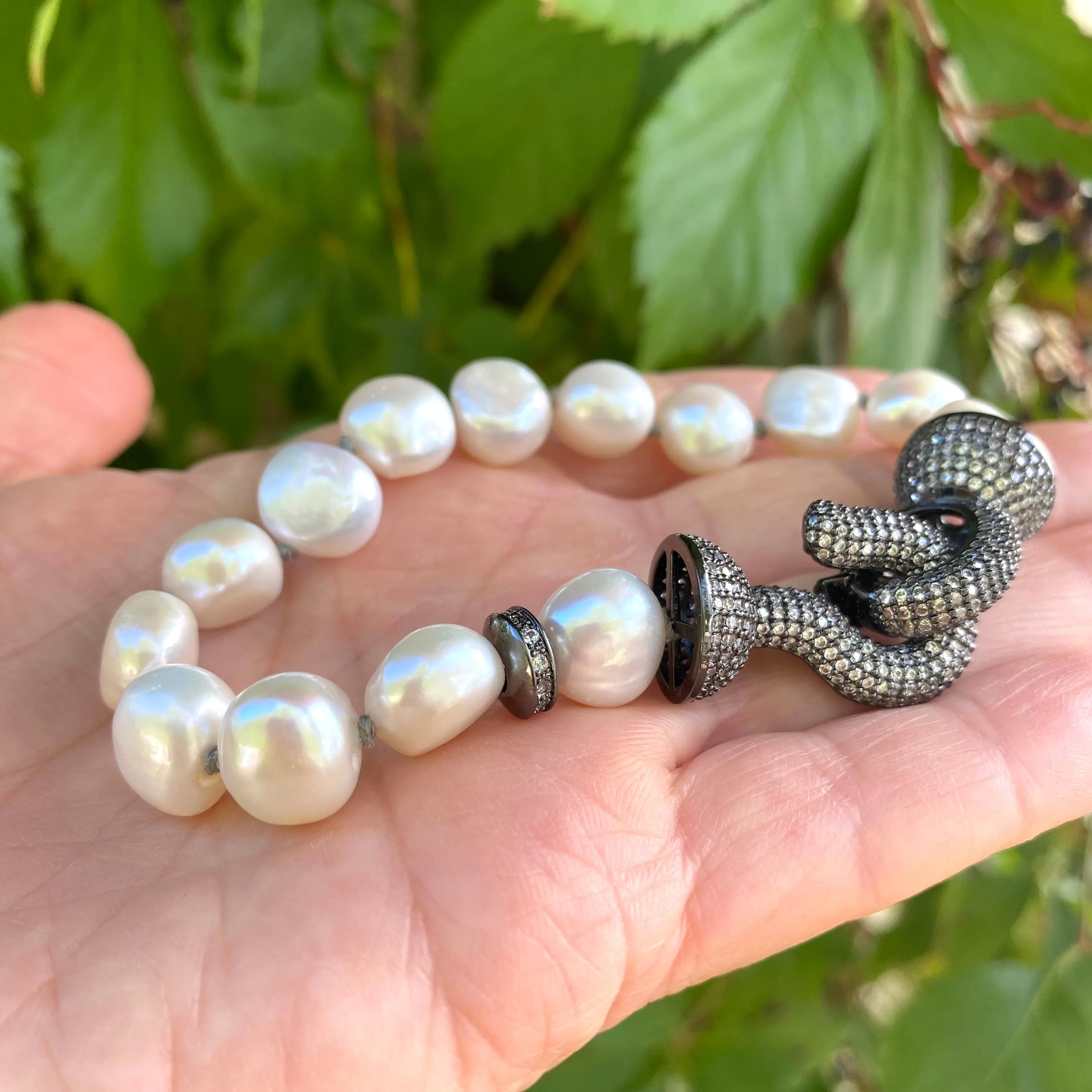 Chunky Pearl Bracelet with Large Gunmetal CZ Micro Pave Interlocking Clasp