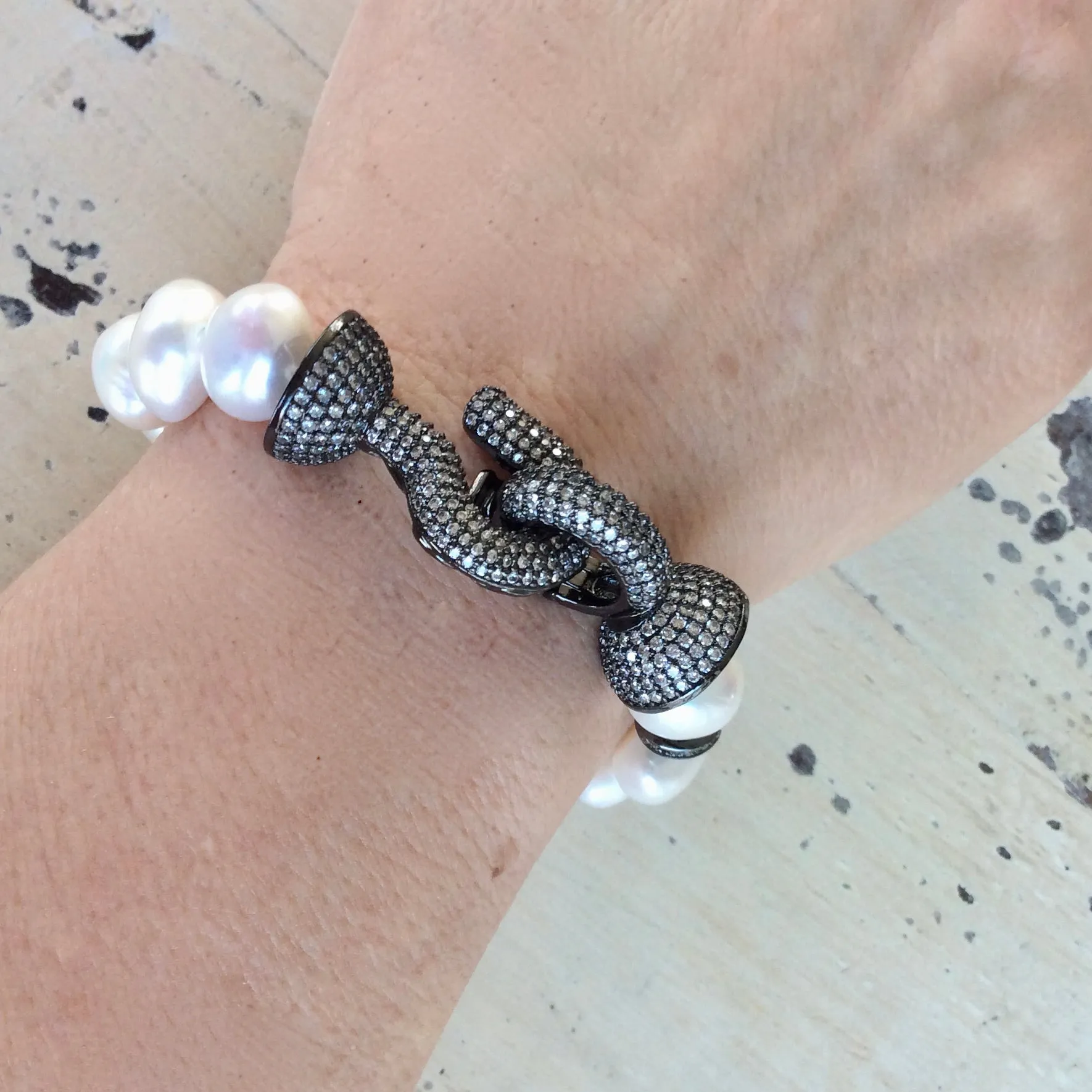 Chunky Pearl Bracelet with Large Gunmetal CZ Micro Pave Interlocking Clasp