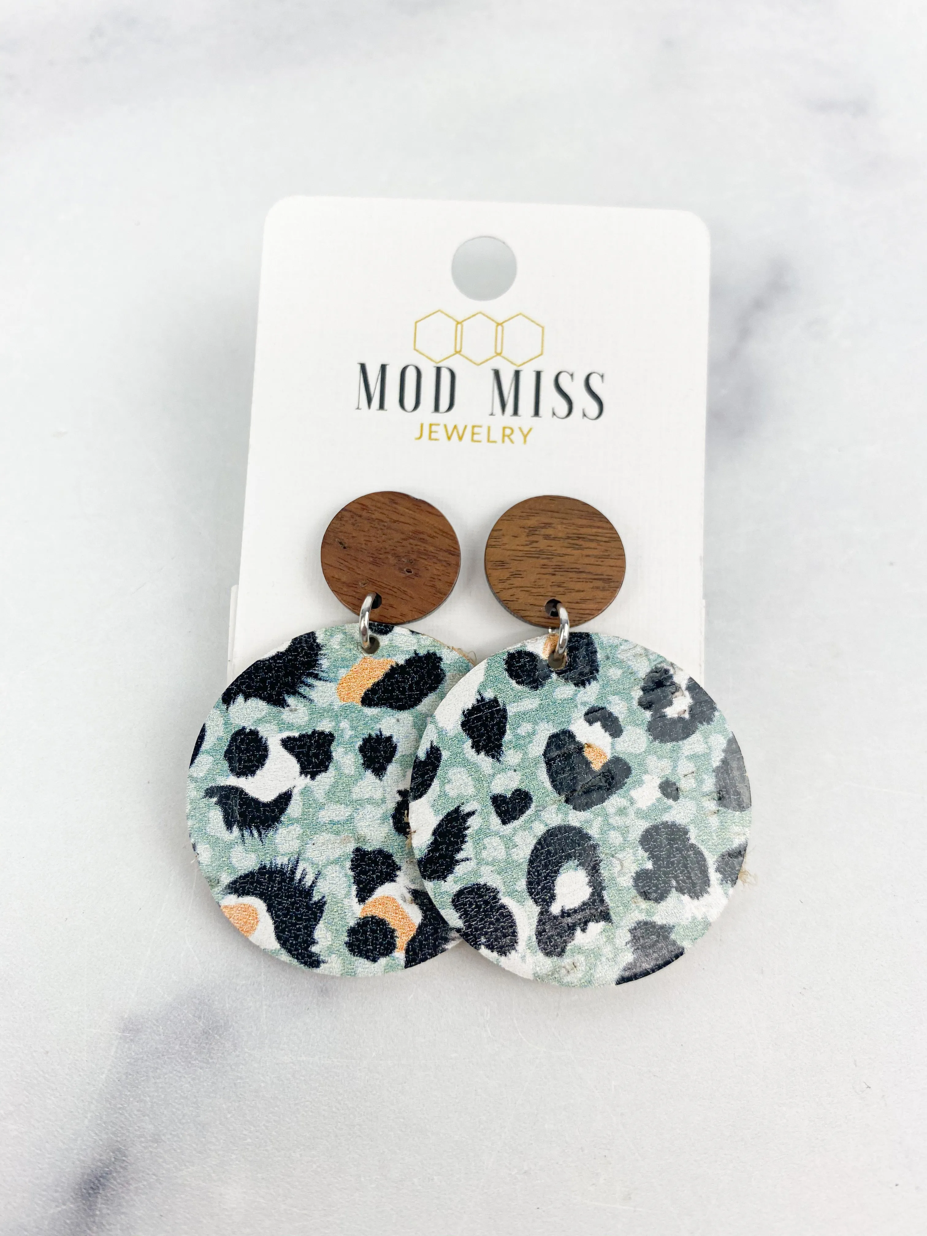 Cork Leather Round Earring Leopard Aqua