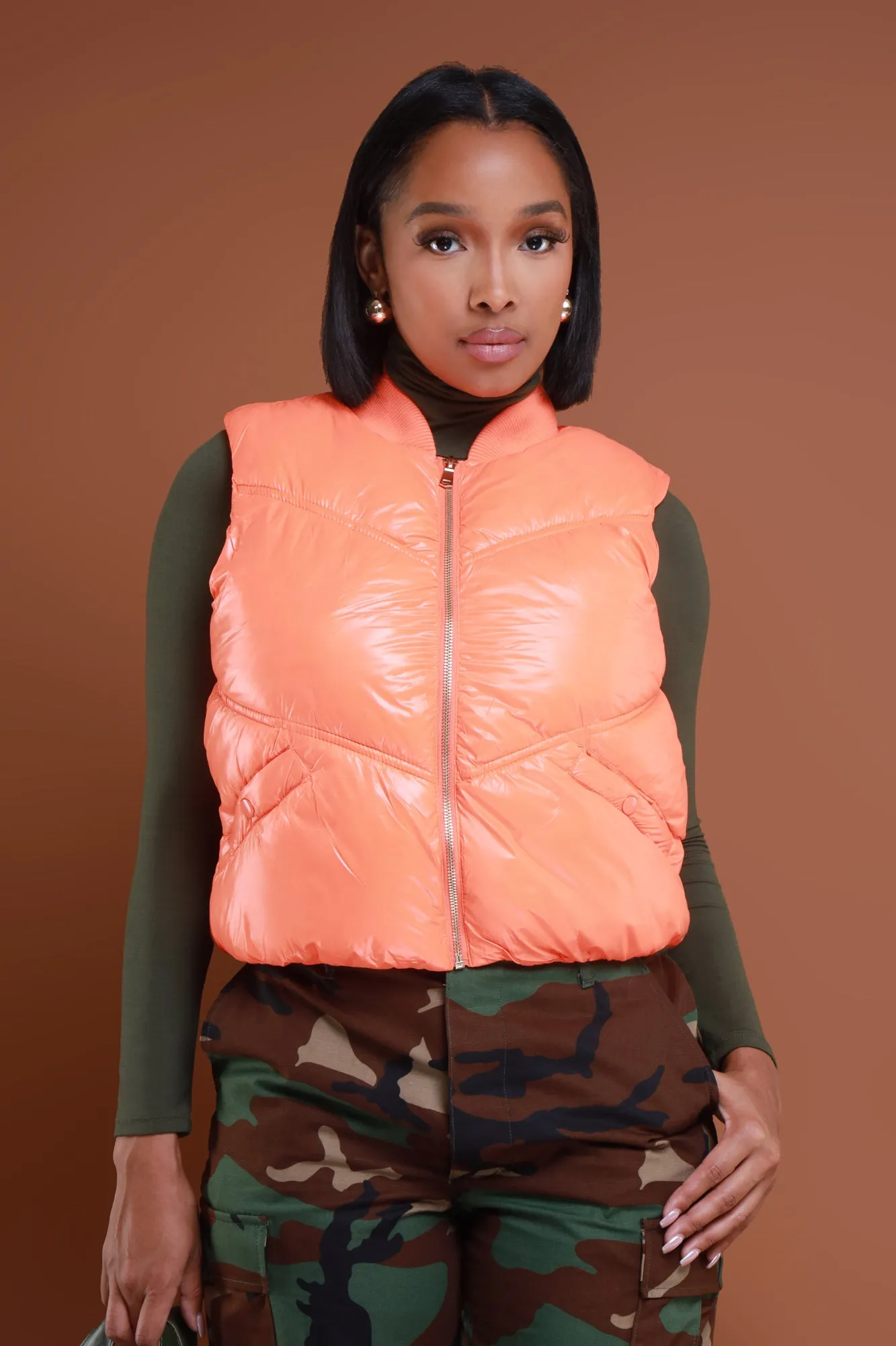 Crush It Sleeveless Puffer Vest - Orange