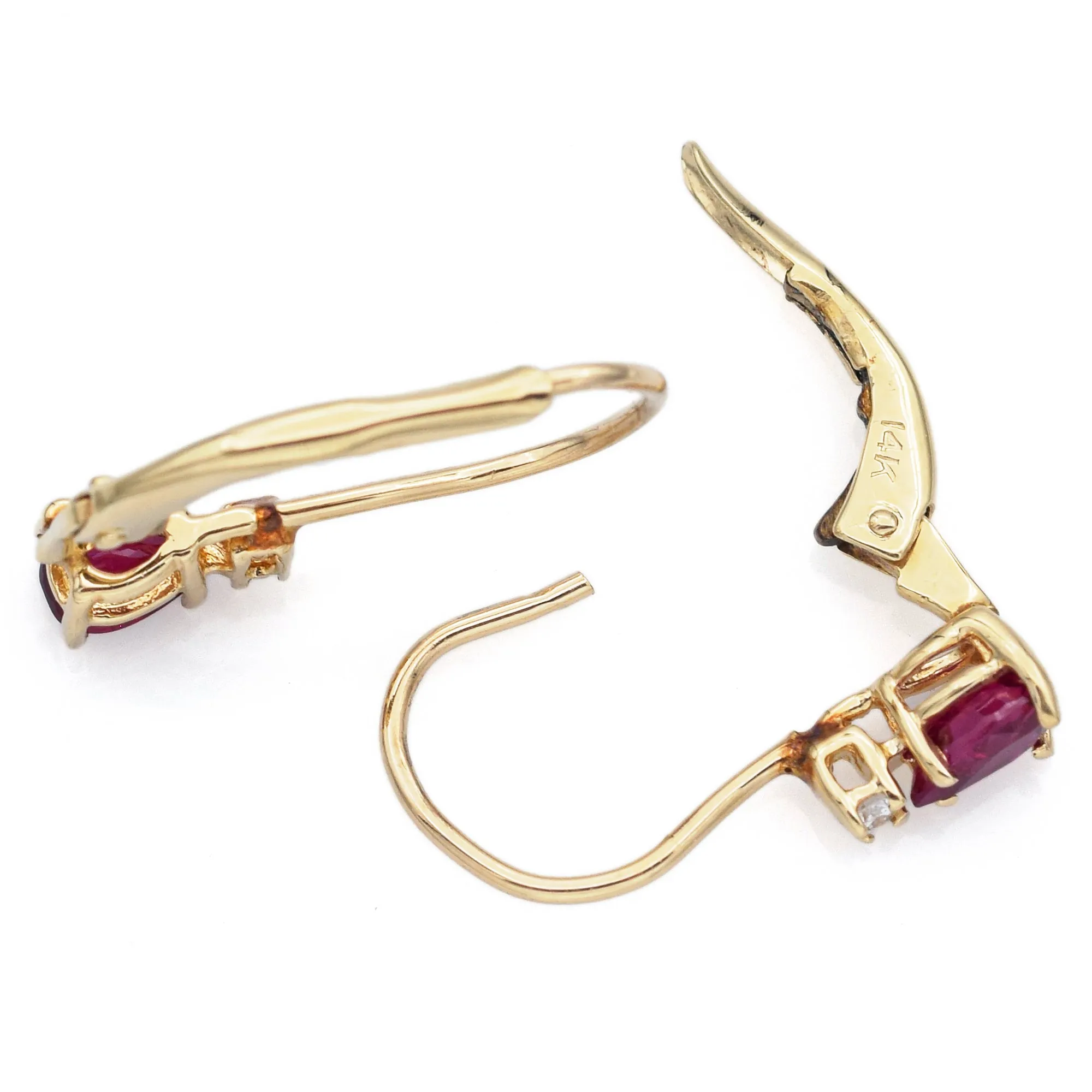 Estate 14K Yellow Gold Ruby & Diamond Leverback Dangle Earrings   Box