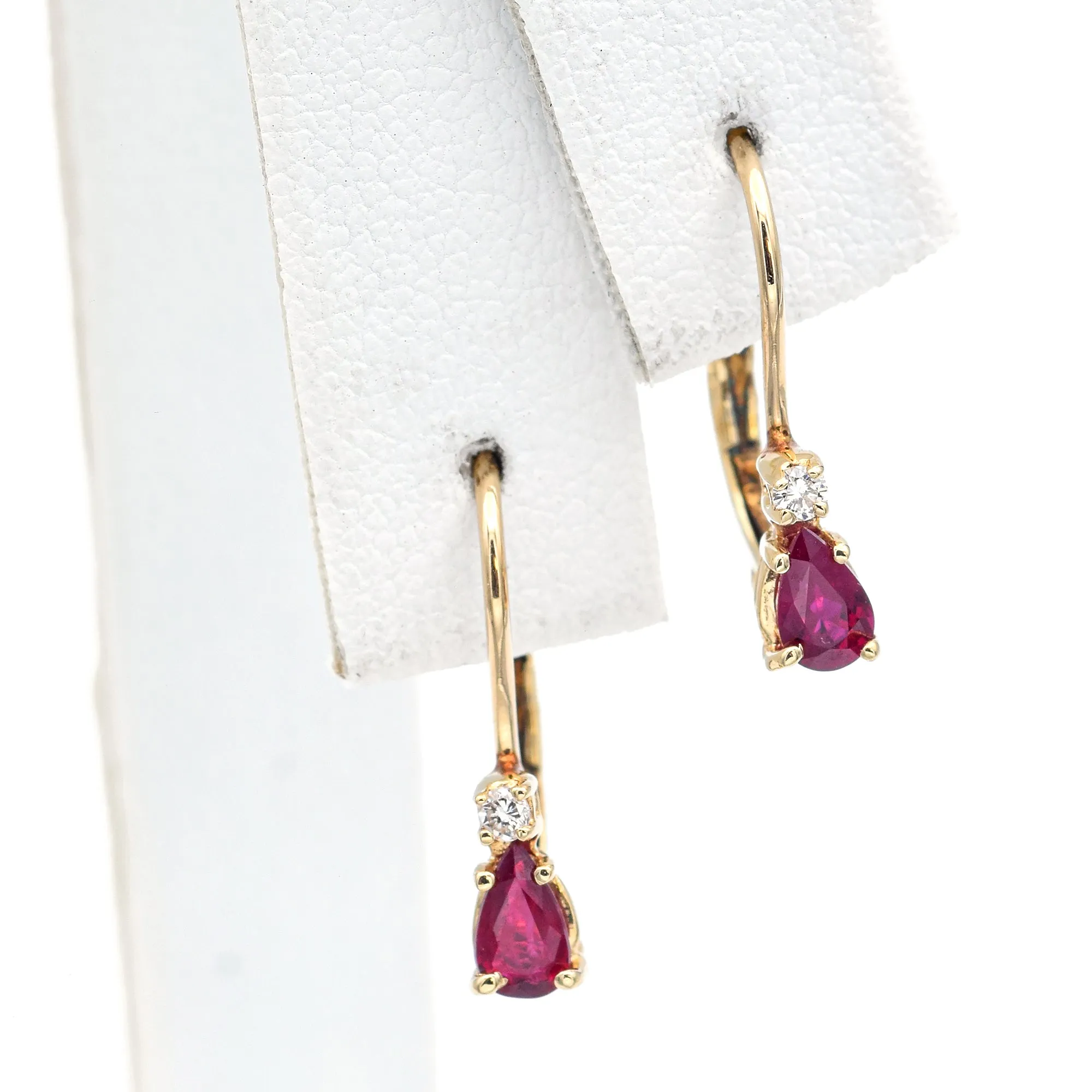 Estate 14K Yellow Gold Ruby & Diamond Leverback Dangle Earrings   Box