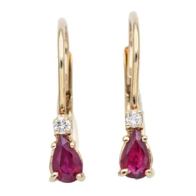 Estate 14K Yellow Gold Ruby & Diamond Leverback Dangle Earrings   Box