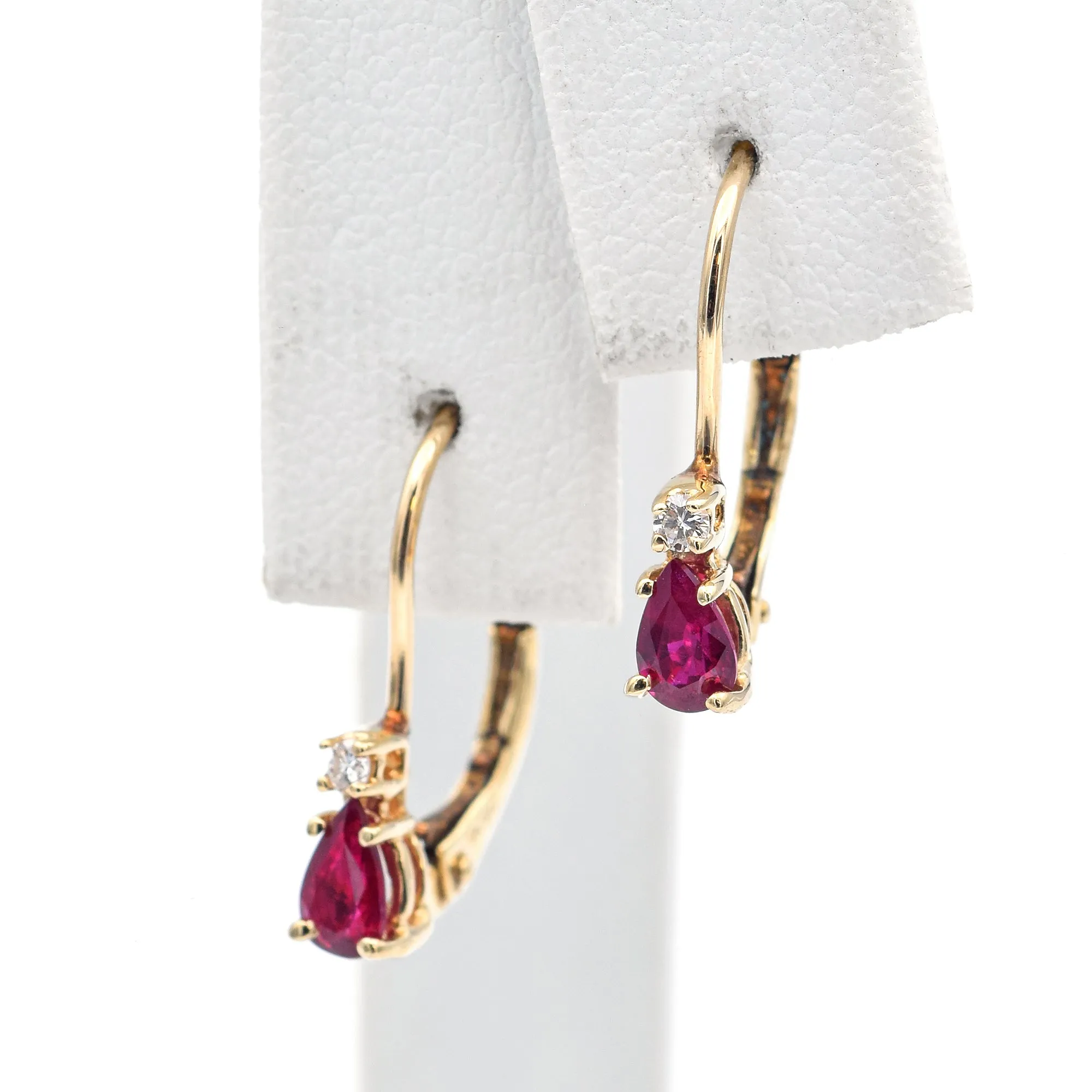 Estate 14K Yellow Gold Ruby & Diamond Leverback Dangle Earrings   Box